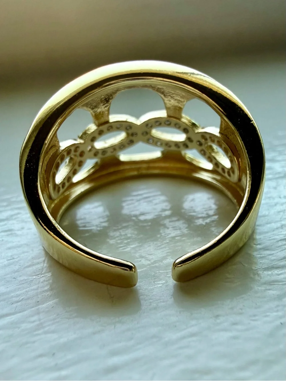 NEW! 18k Yellow Gold Plated Openwork Link CZ Accent Wide Band Ring